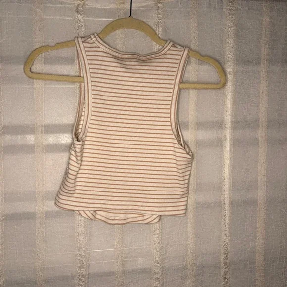 Aerie Striped Crop Tank Top Women Medium Tan White Excellent Ribbed High Neck - Picture 1 of 5